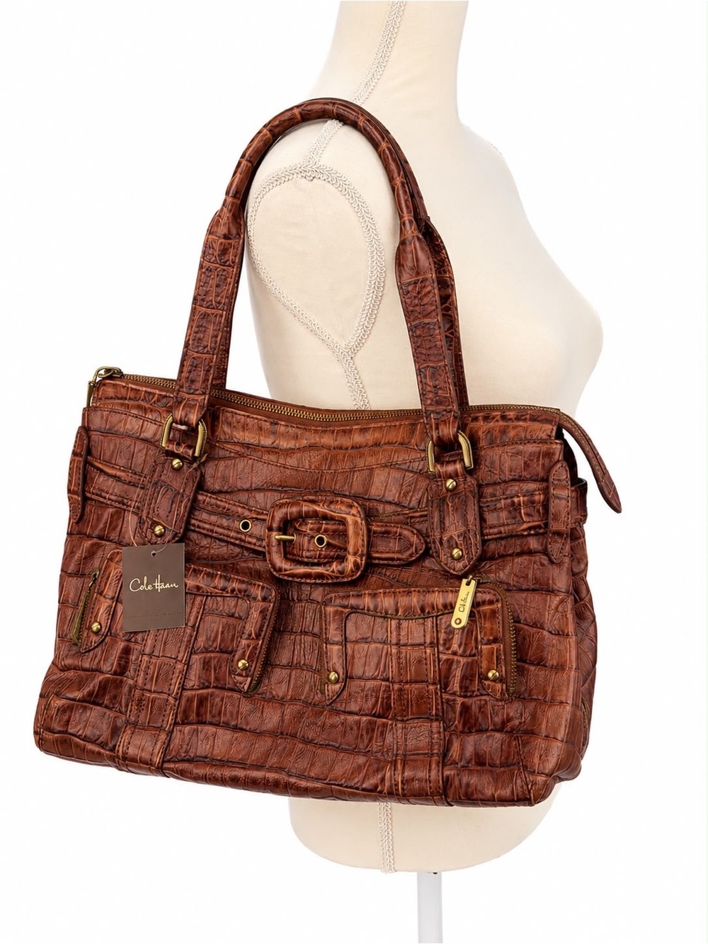 Cole Haan Cognac Croc-Embossed Leather Tote